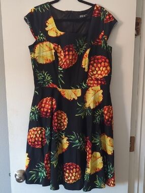 Black Pineapple Print Fit & Flare Dress